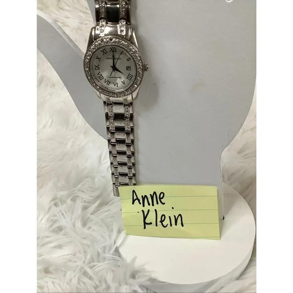 Anne Klein Silver Tone Crystal Bezel Roman Numerals Quartz Watch Elegant A4-32